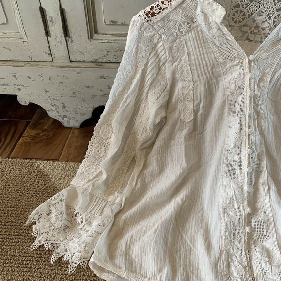 New White Lace Long Sleeve Western Boho Blouse Top Button Front - Picture 4 of 8